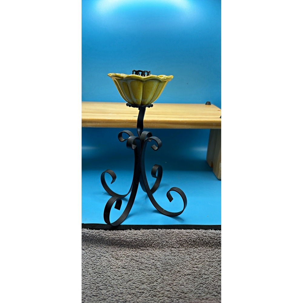 Metal Scroll Candle Holder Stand w/ Yellow Glass Bowl, Floral Vintage, Medium